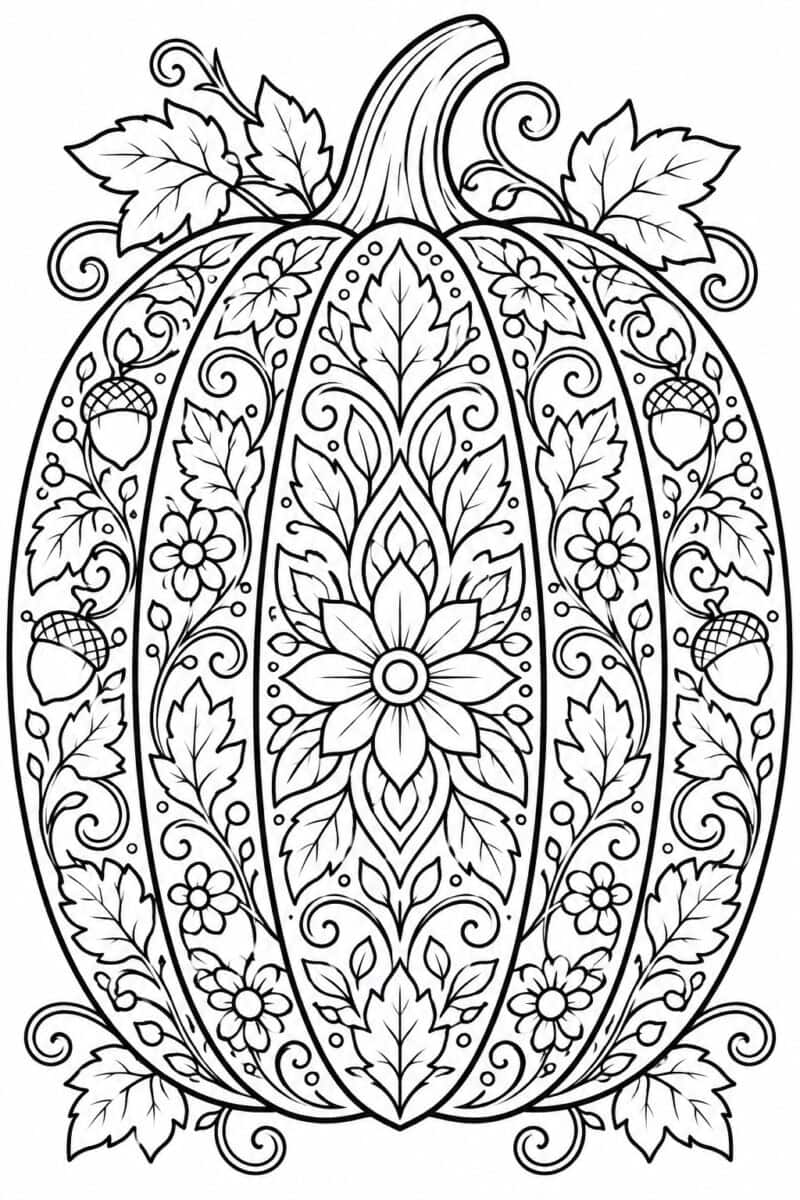 a large oval pumpkin mandala coloring page for adults or teens