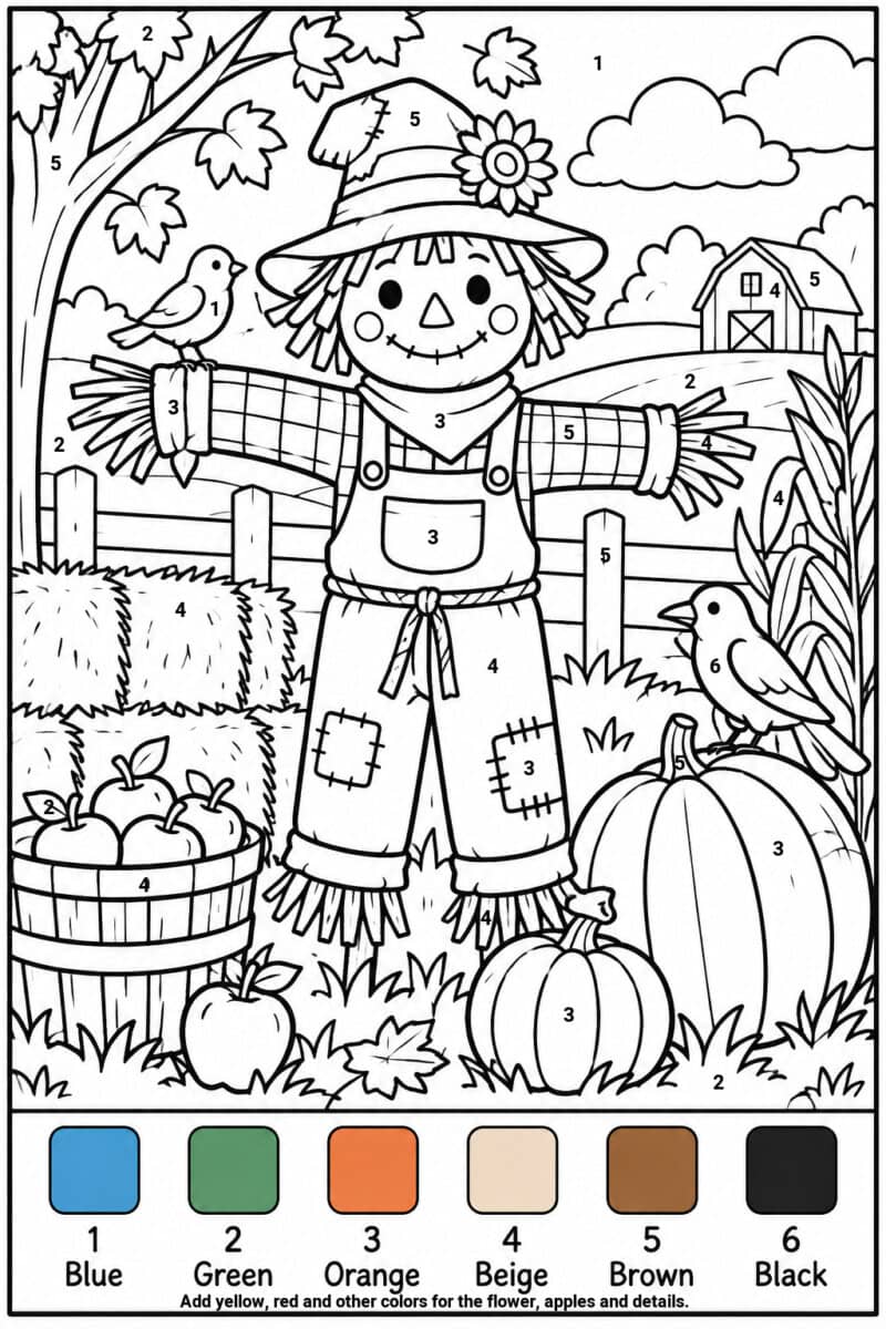 color by number coloring page for kids, with scarecrow for fall