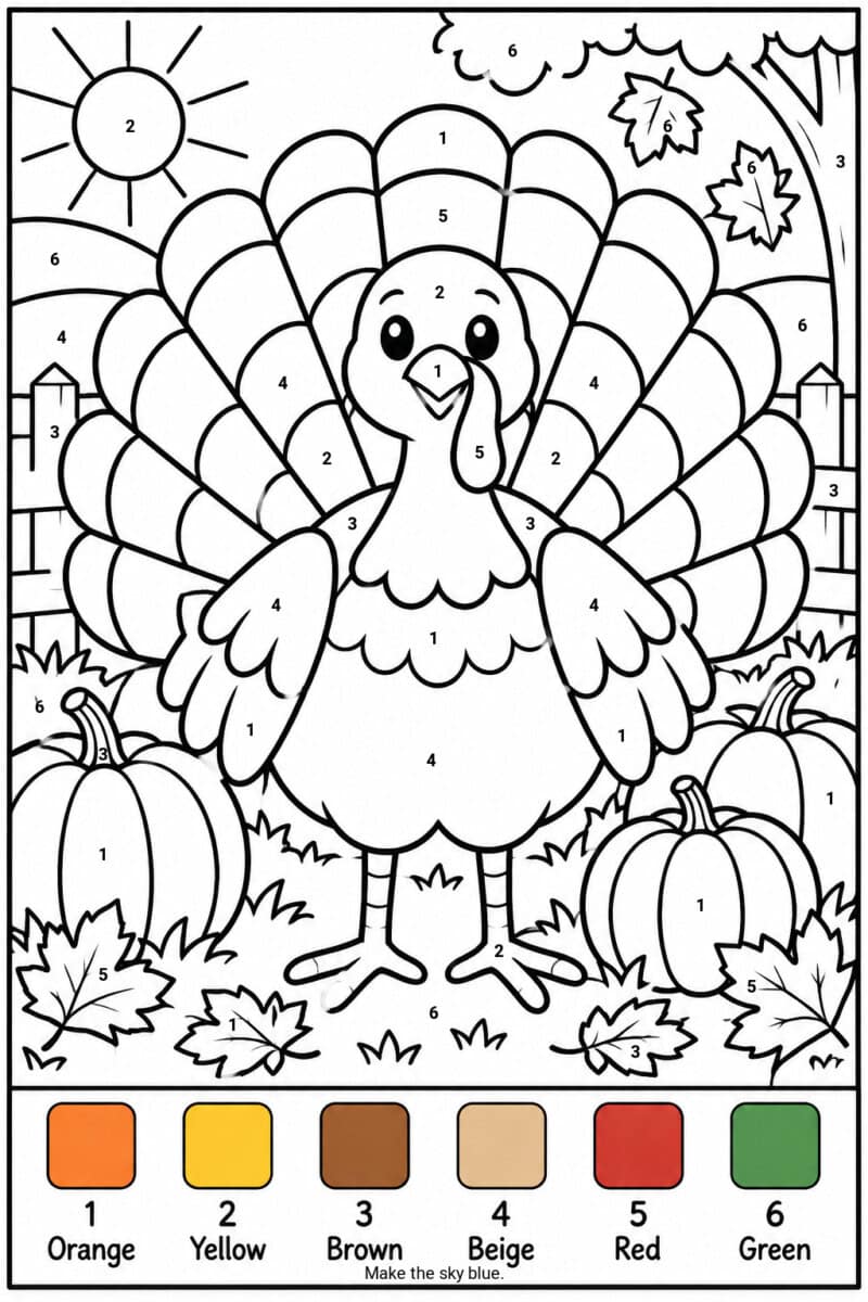 turkey color by number coloring page for kids