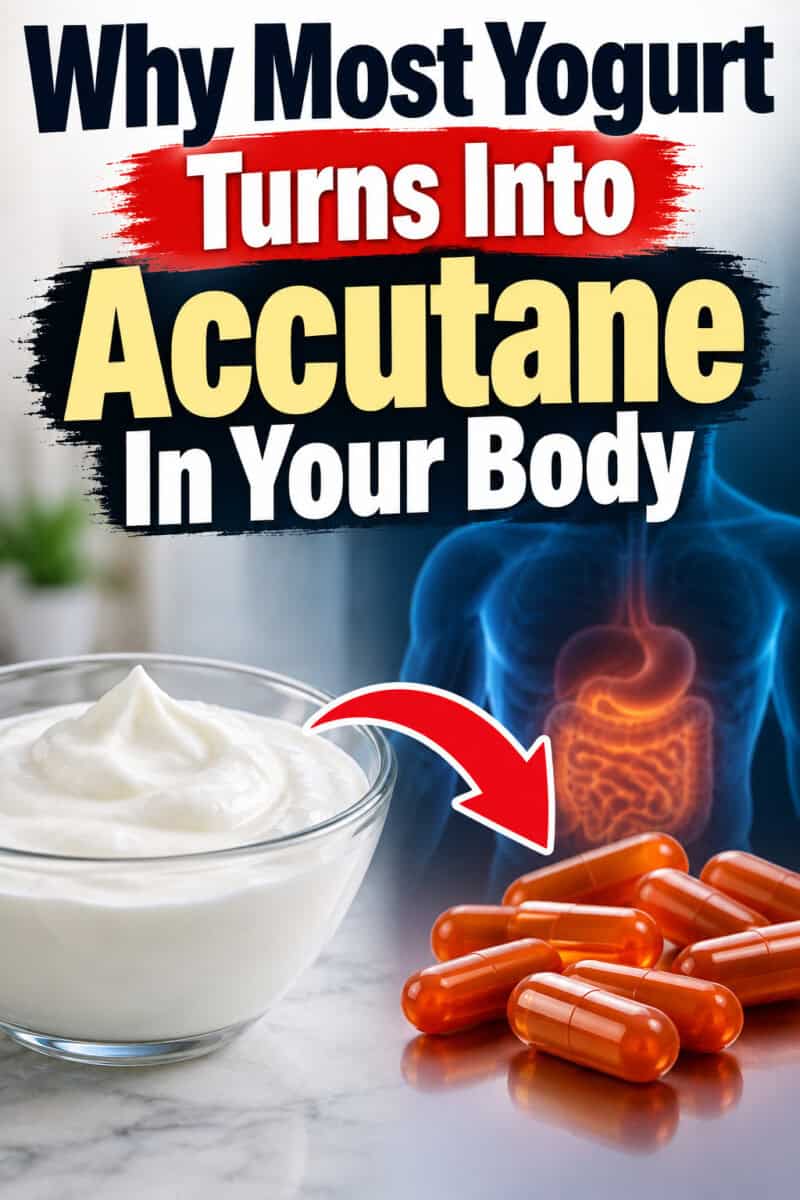 Why most yogurt turns into accutane in your body - text overlay on image of yogurt and red pills causing GI distress