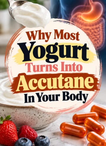 why most yogurt turns into accutane in your body wording on images of yogurt and red pills with GI discomfort