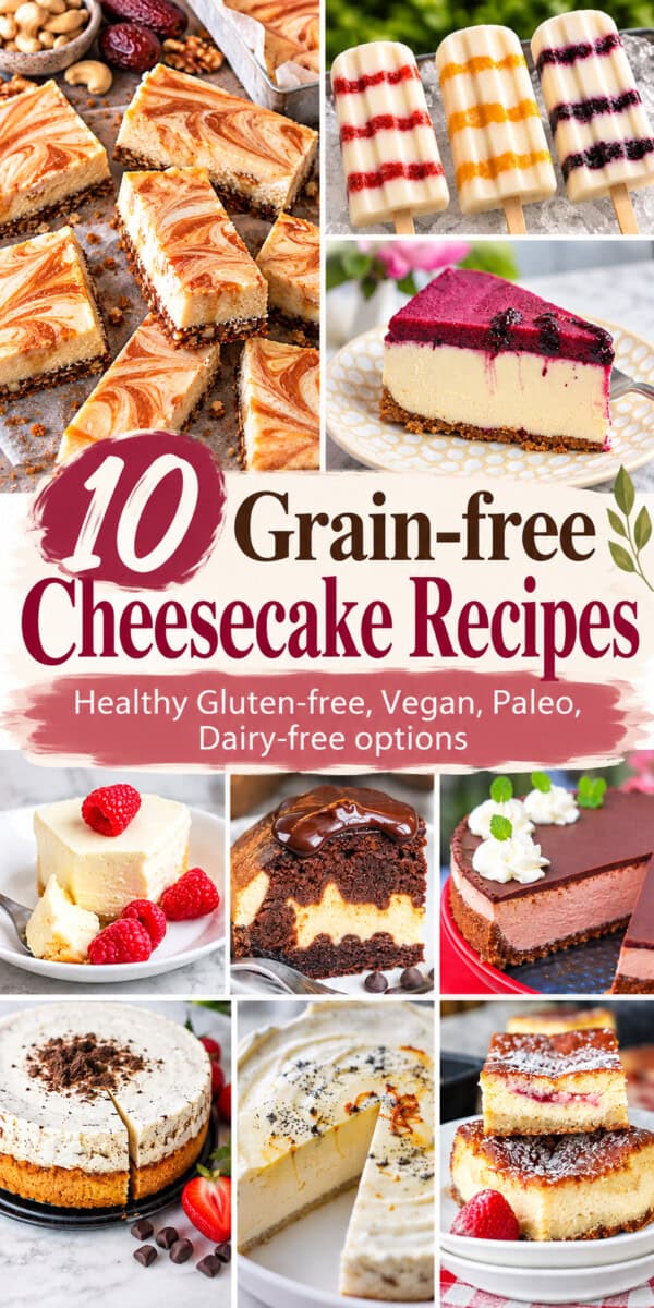 10 grain-free cheesecake recipes text overlay with photos of the cheesecakes