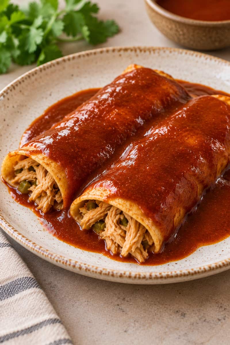 close up image of enchiladas with sauce made from bone broth or meat stock