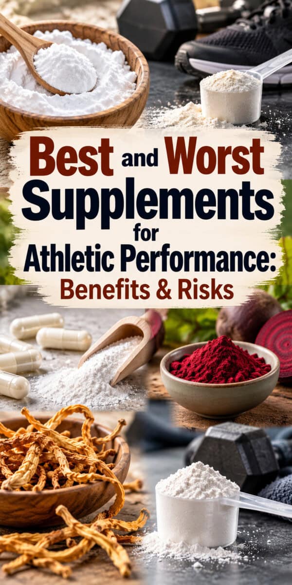 best and worst supplements for athletic performance text, with images of 6 supplements