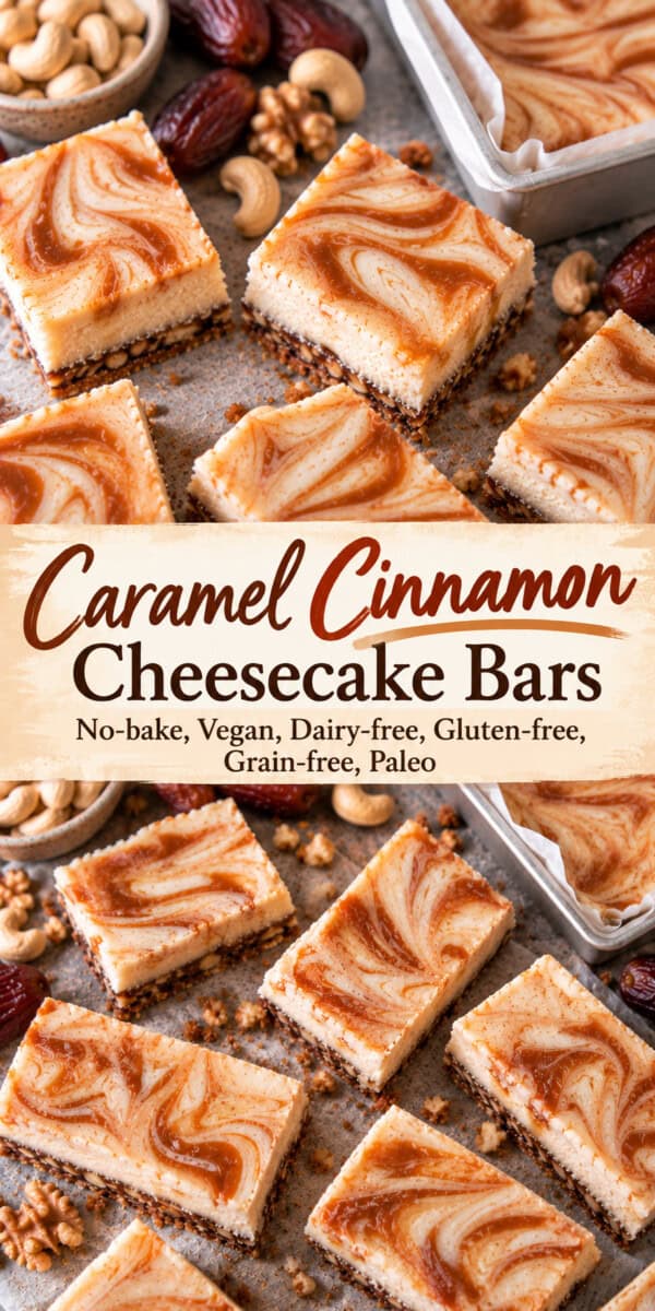 vegan gluten free cinnamon cheesecake bars with caramel swirl, photo from overhead with recipe title overlay