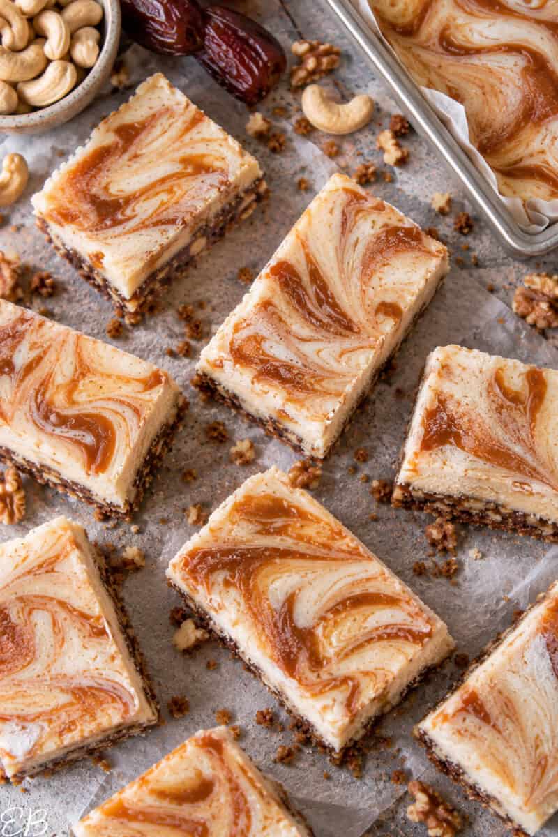 overhead view of caramel cinnamon cheesecake bars