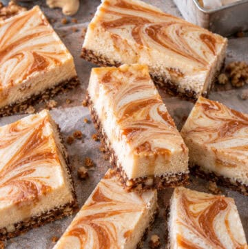 up close photo of caramel cheesecake bars