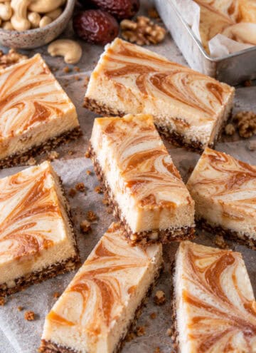 up close photo of caramel cheesecake bars