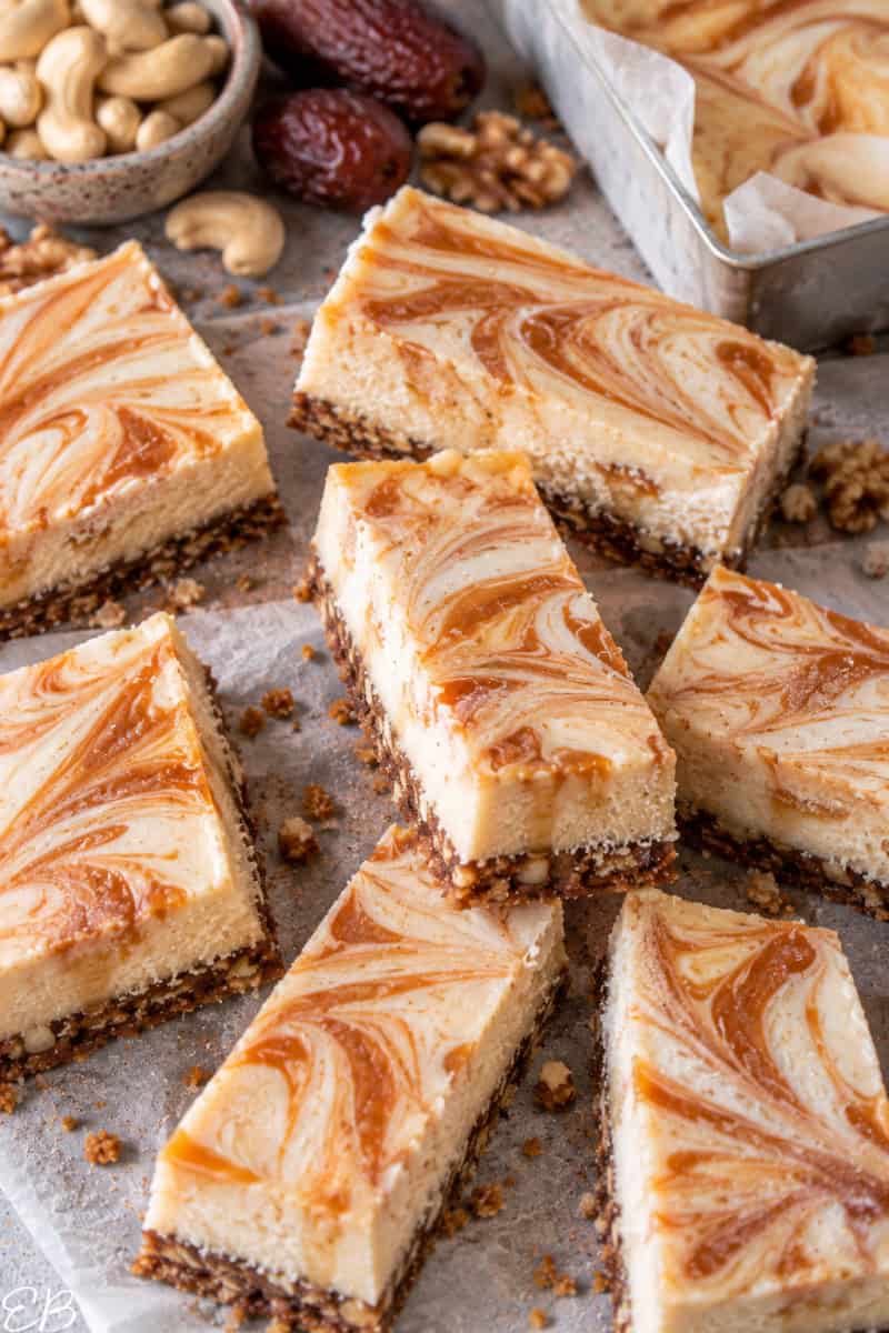 up close photo of caramel cheesecake bars