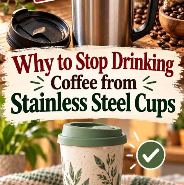 Why to Stop Drinking Coffee from Stainless Steel Cups text overlay with images of both options
