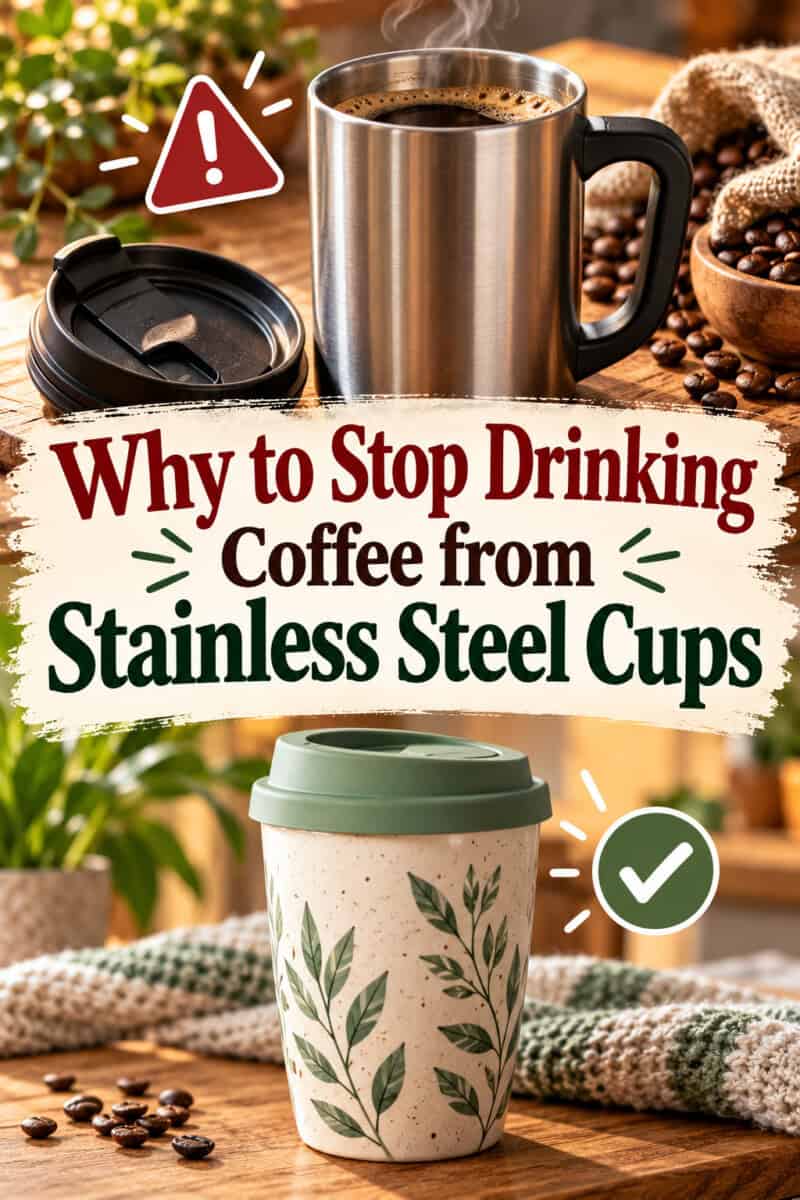stainless steel vs ceramic mug with title overlay: Why to Stop Drinking Coffee from Stainless Steel To Go Cups (metals)