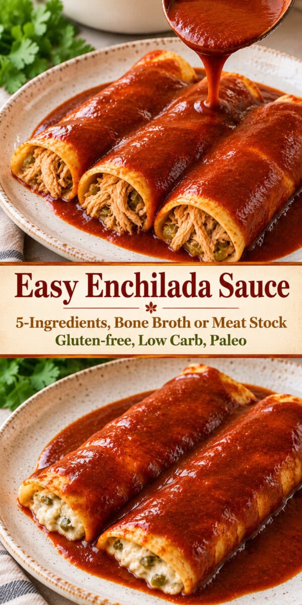 two images of easy enchilada sauce being poured over enchiladas with text: Bone Broth or Meat Stock Enchilada Sauce