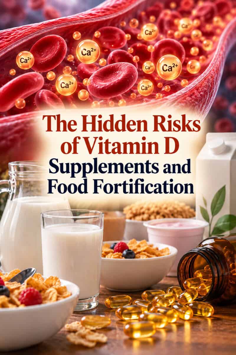 The risks of Vitamin D Food fortifications and Supplements (text overlay) with images of high calcium in the blood and supplements
