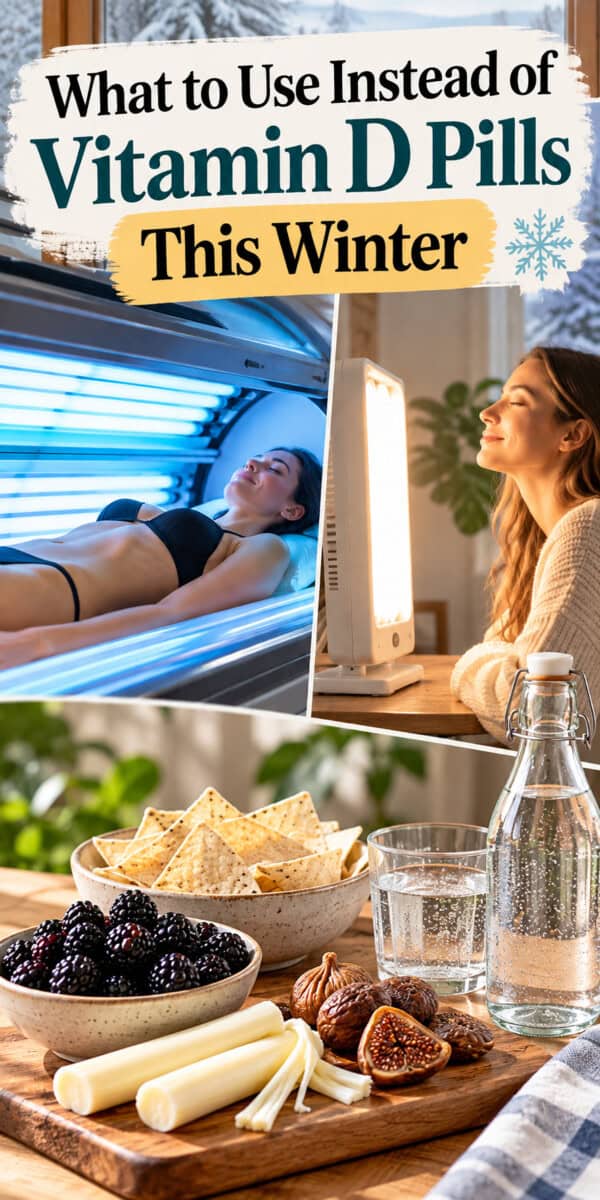 alternatives to vitamin D pills text overlay with images of tanning and lamps being used in winter instead