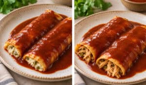 chicken or cheese enchiladas with sauce over the top